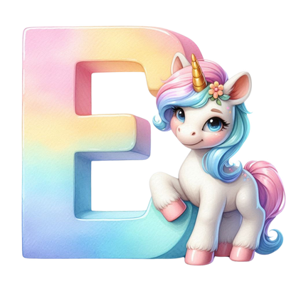 Bügelbild Namensbuchstaben & Zahlen Einhorn bunt