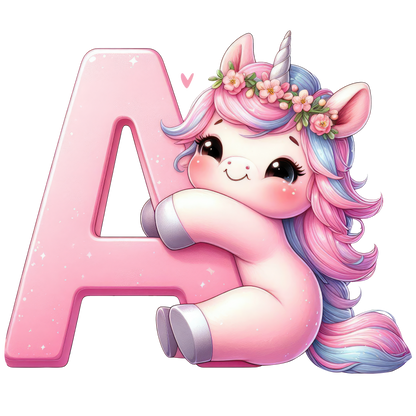 Bügelbild Buchstaben & Zahlen Einhorn rosa
