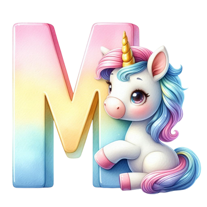 Bügelbild Namensbuchstaben & Zahlen Einhorn bunt