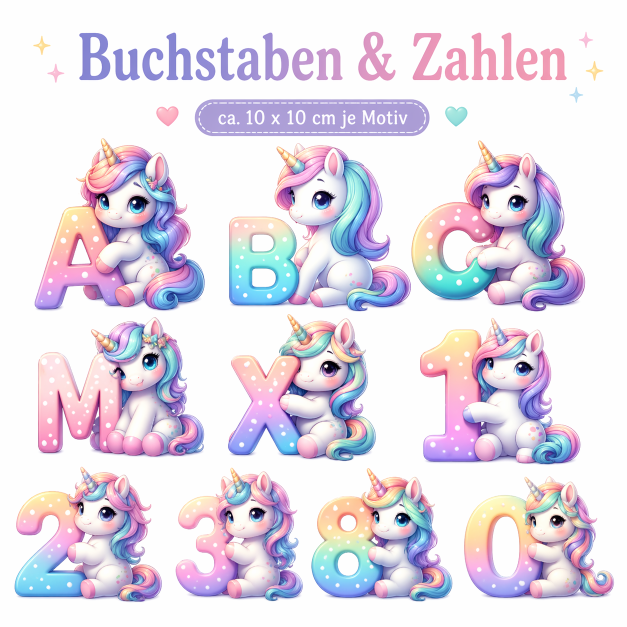 Bügelbild Buchstaben & Zahlen Einhorn bunt