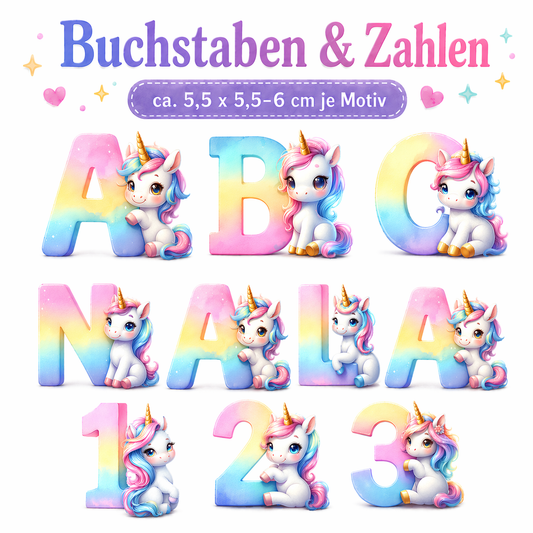Bügelbild Namensbuchstaben & Zahlen Einhorn bunt