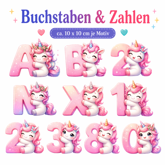 Bügelbild Buchstaben & Zahlen Einhorn rosa