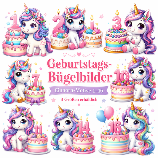 Bügelbild Einhorn Geburtstagszahl