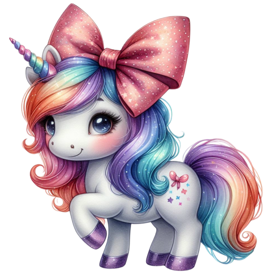 Bügelbild Einhorn mit Glitzerschleife