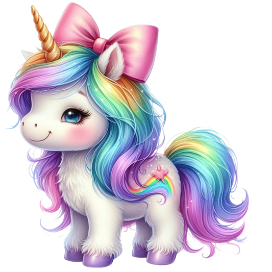 Bügelbild Einhorn mit rosa Schleife