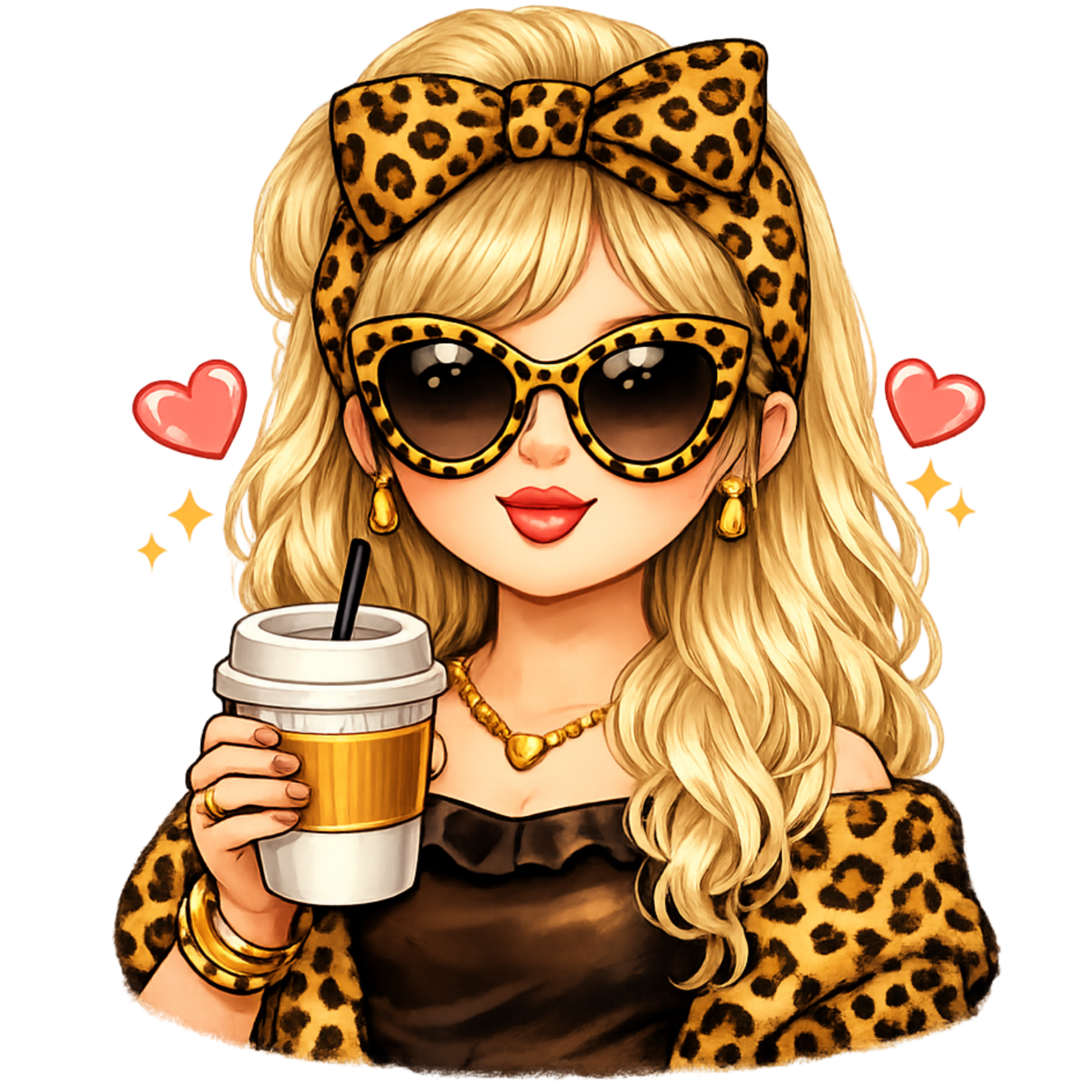 Bügelbild Leopard Girl blond mit Becher