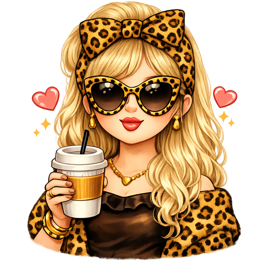 Bügelbild Leopard Girl blond mit Becher