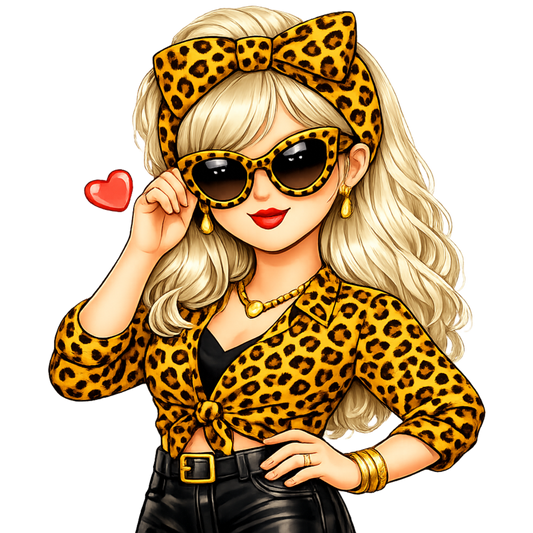 Bügelbild Leopard Girl blond mit Sonnenbrille
