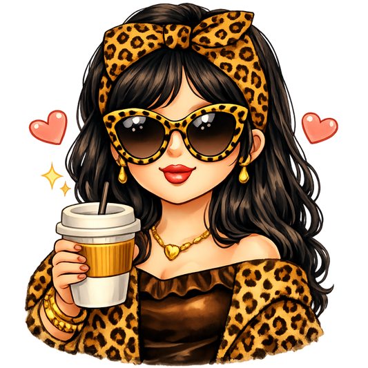 Bügelbild Leopard Girl schwarz mit Becher
