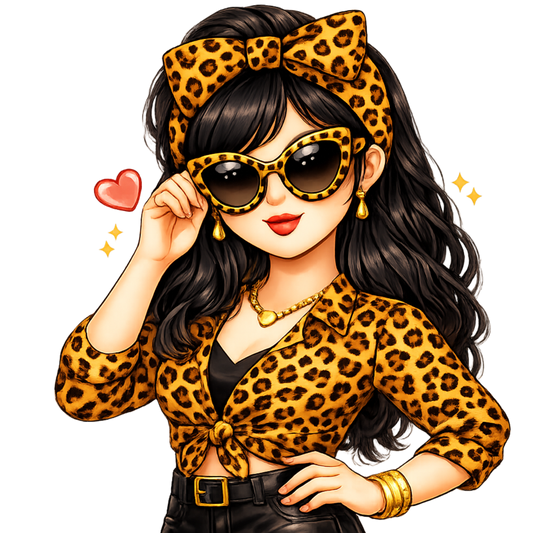 Bügelbild Leopard Girl schwarz mit Sonnenbrille