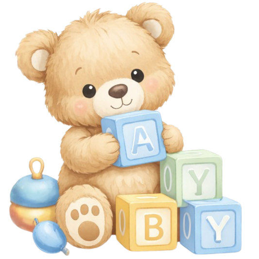 Bügelbild Teddy mit Bauklötzen