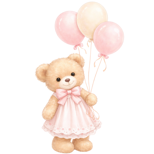 Bügelbild Teddy mit Kleid und Ballons