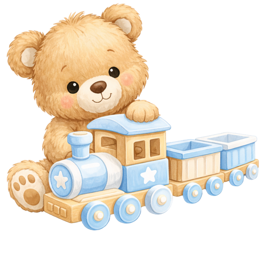 Bügelbild Teddy mit Zug